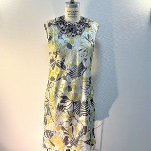 Silk  yellow and grey print with detachable beaded collar